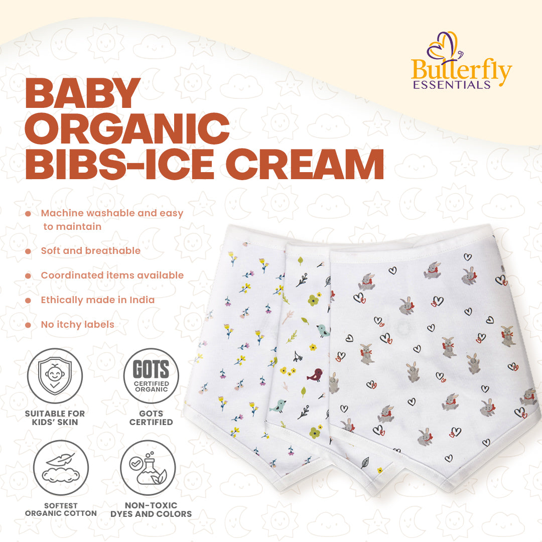 Baby organic bibs with ice cream design on a white background, featuring the Butterfly Essentials.