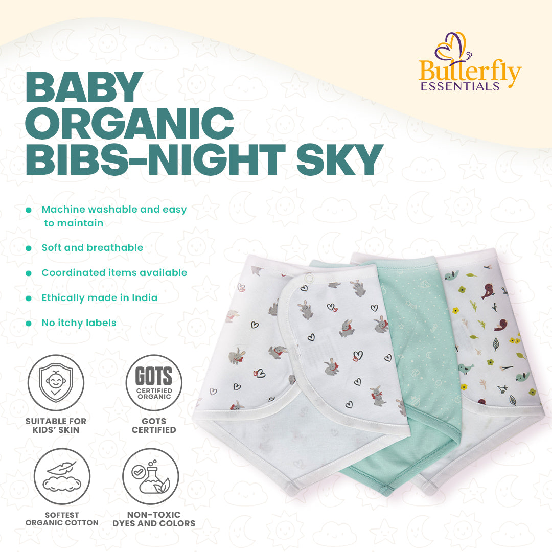 Baby organic bibs with 'Butterfly Essentials' branding on a light background