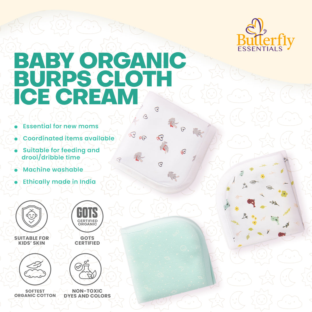 Baby organic burps cloth ice cream with product details and Butterfly Essentials branding.