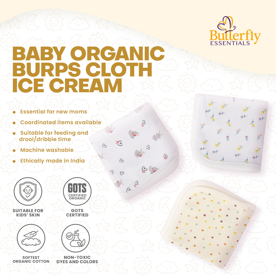 Baby organic burps cloth ice cream with Butterfly Essentials branding on a light background
