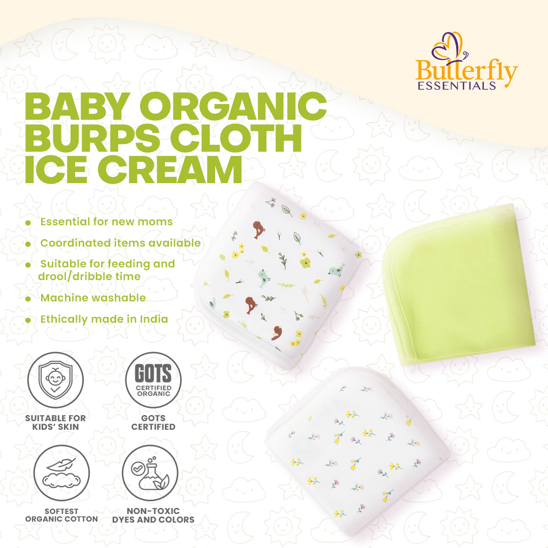 Butterfly Essentials baby organic burps cloth ice cream with product details on a light background