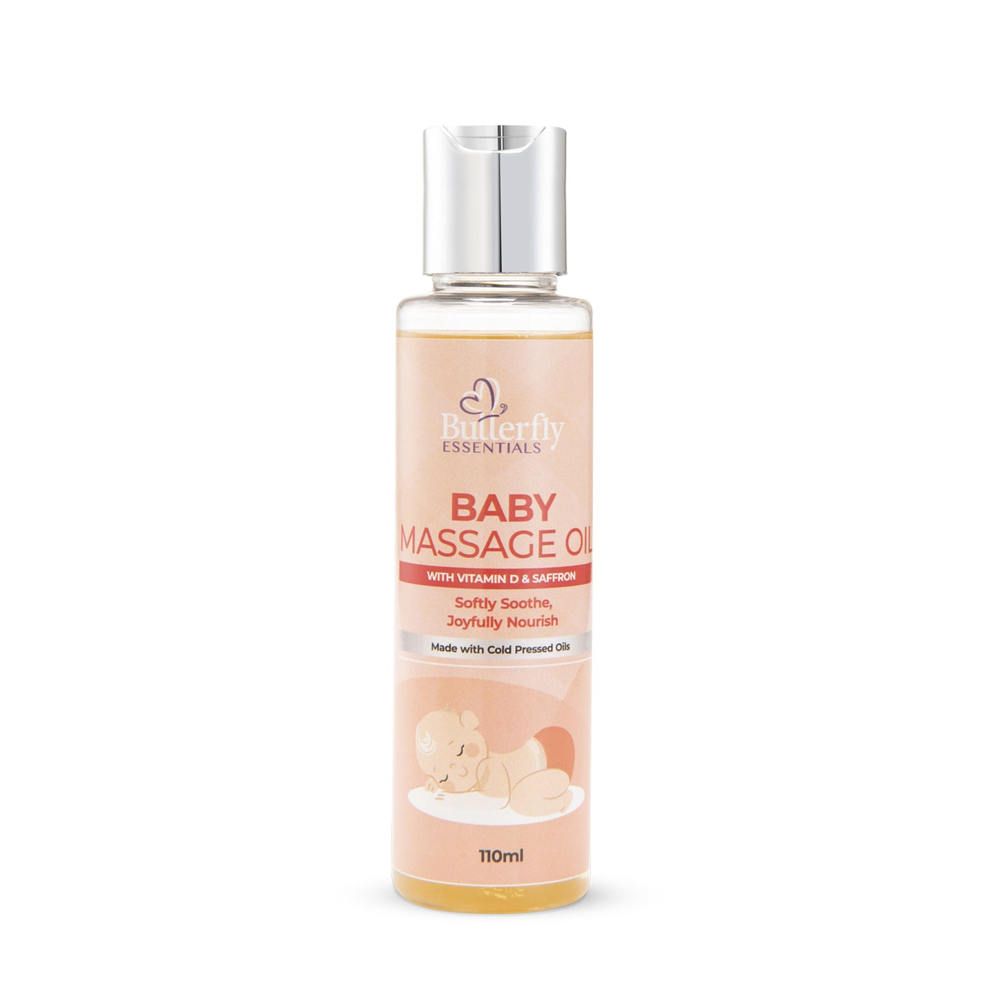 Bottle of Butterfly Essentials Baby Massage Oil on a white background