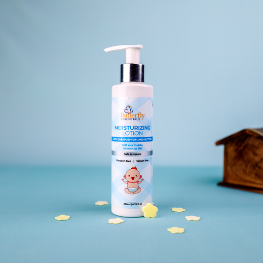 Moisturizing lotion bottle with pump on a blue background