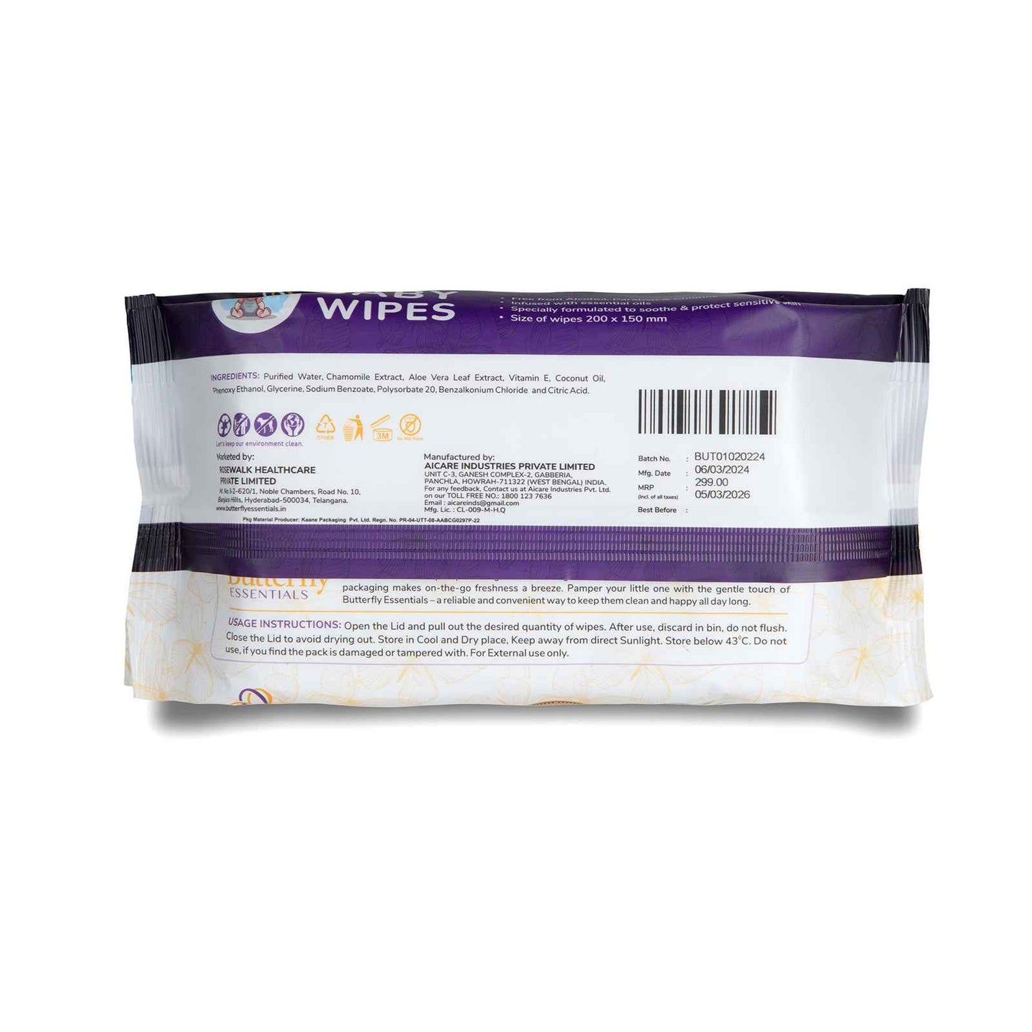 Package of wipes with a purple and white design on a white background