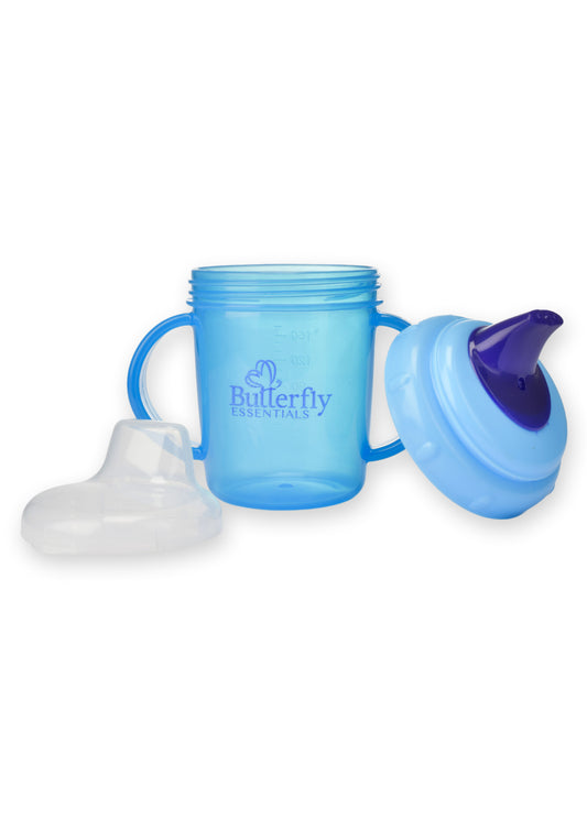 Blue baby sipper cup with handle and spout on a white background