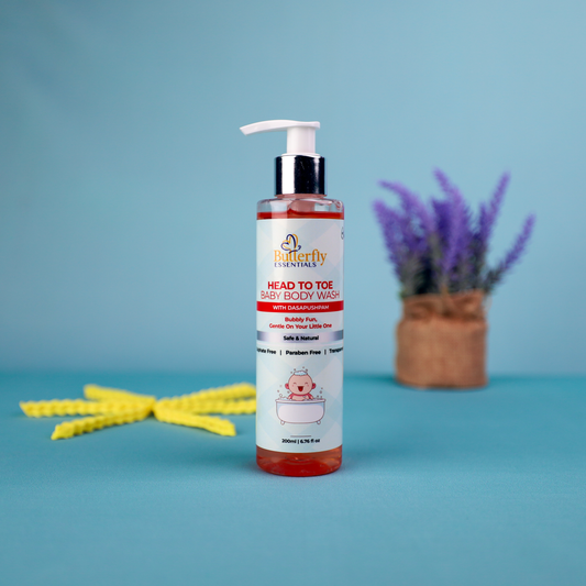 Baby body wash bottle with pump on a blue background