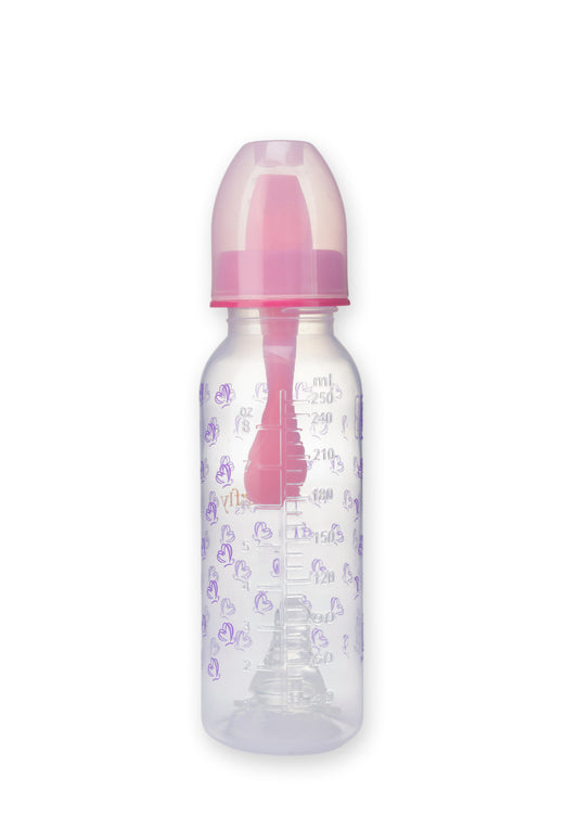 Baby Feeding bottle with pink cap on a white background