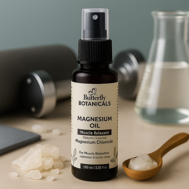 Butterfly Botanicals magnesium oil bottle on a wooden surface with ingredients around