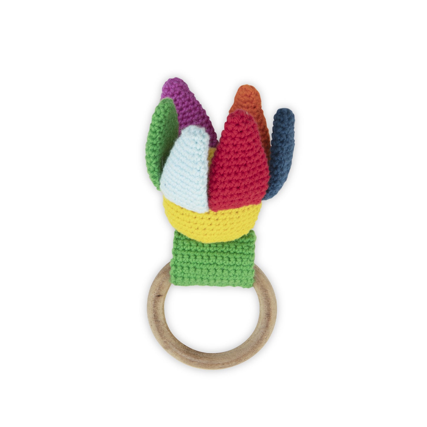 Colorful crocheted teether toy with wooden ring on a white background