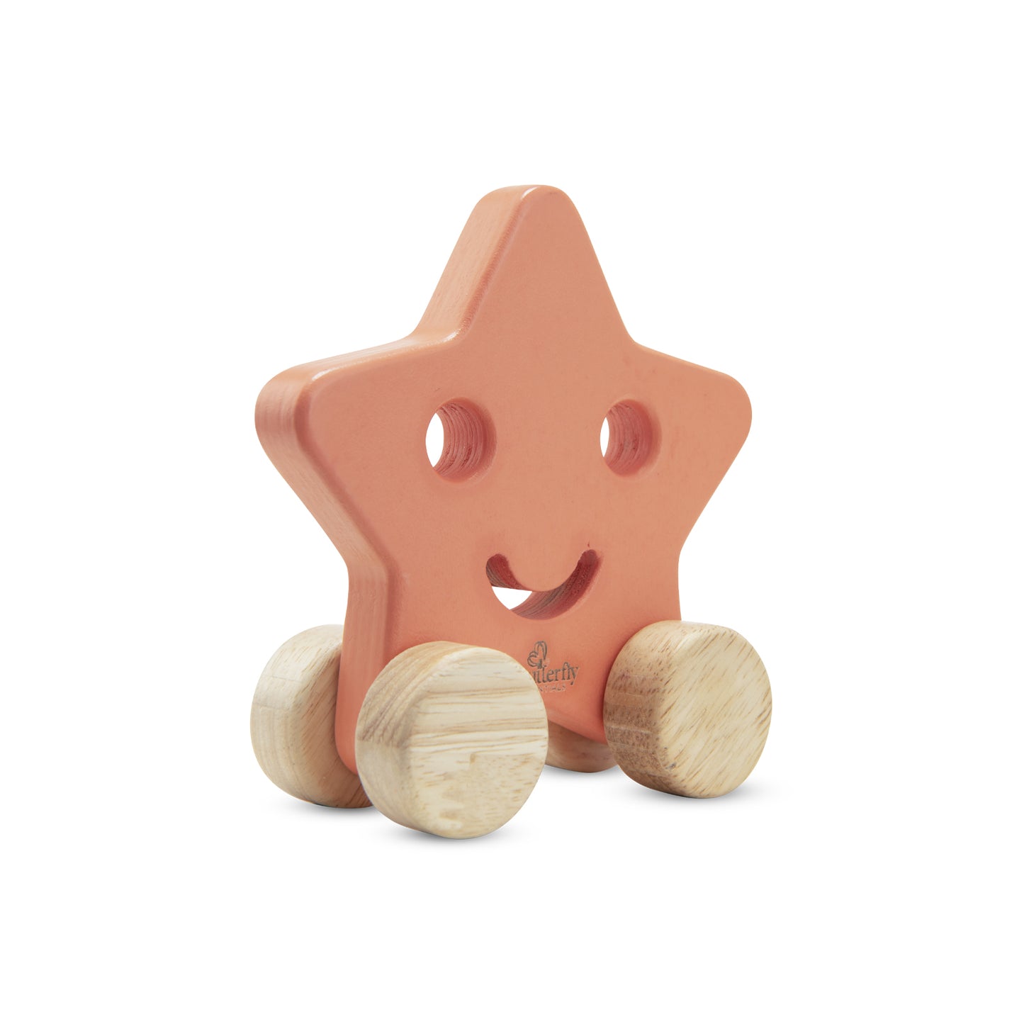 Star-shaped wooden toy with wheels on a white background