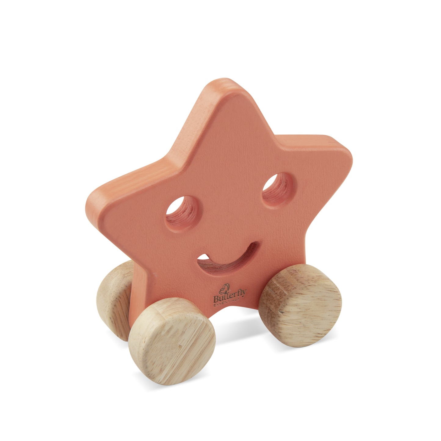 Star-shaped wooden toy with wheels on a white background