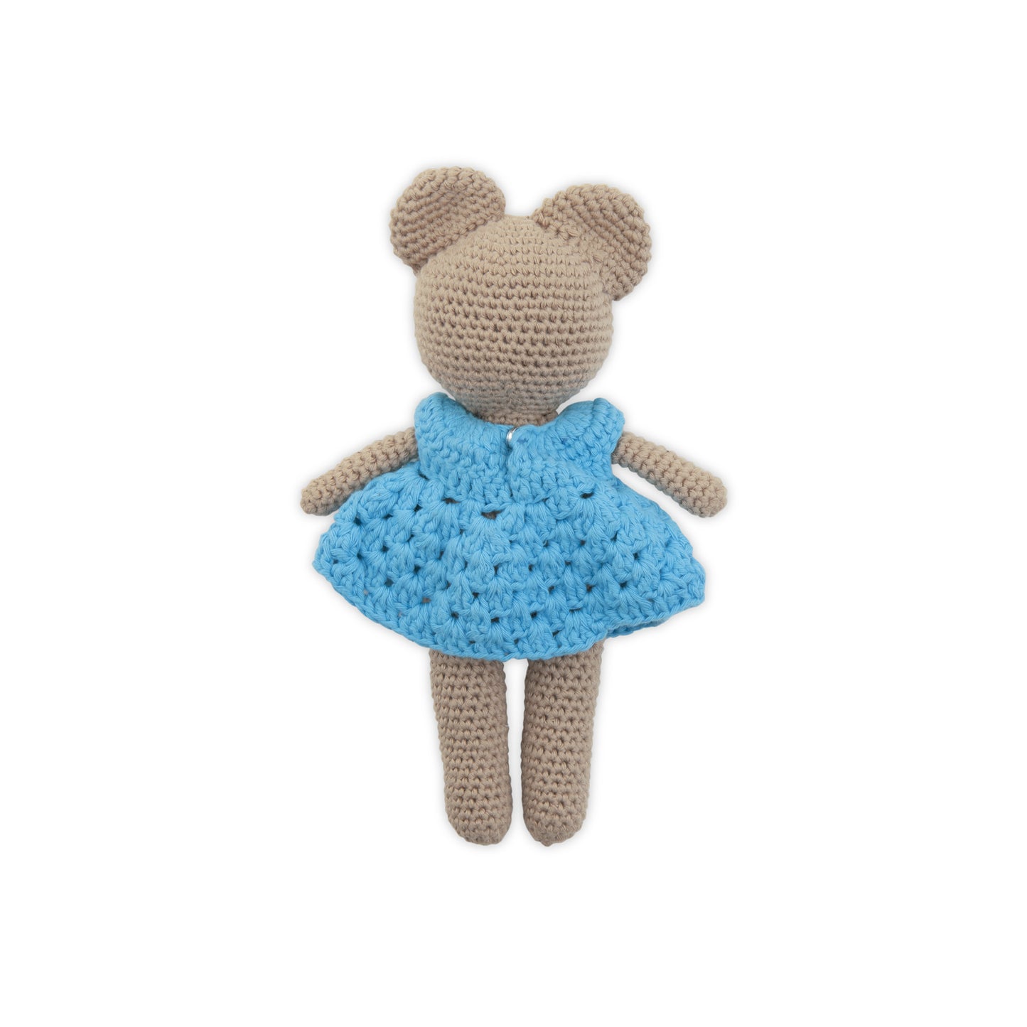 Crocheted teddy bear with a blue dress on a white background
