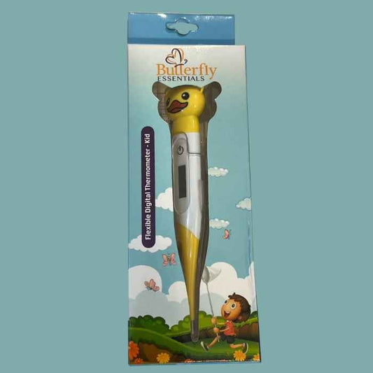 Butterfly Essentials digital thermometer packaging with cartoon design on a teal background