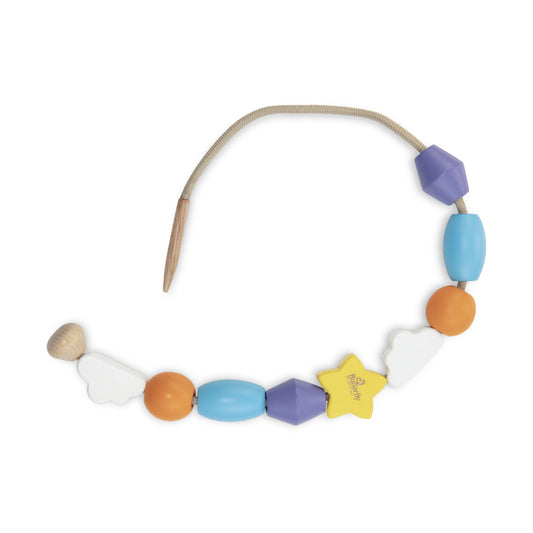 Colorful baby teething necklace with various shaped beads on a white background