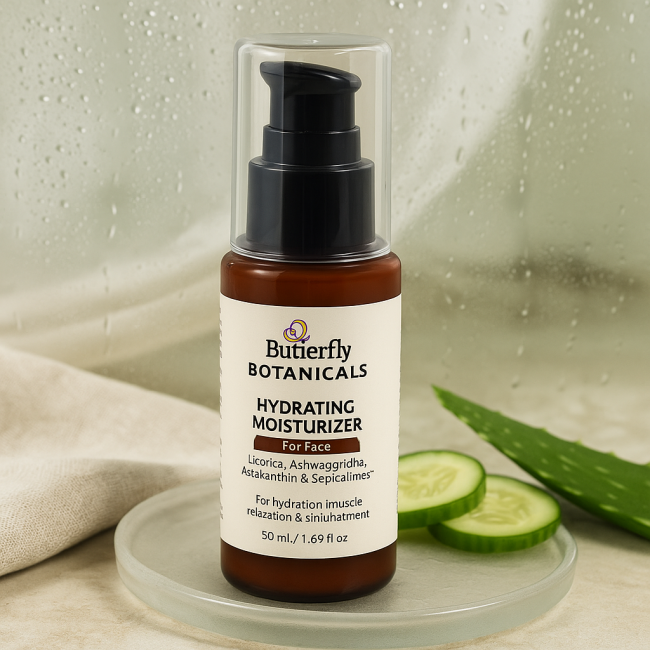 Butterfly Botanicals hydrating moisturizer bottle with aloe vera and cucumber slices on a neutral background