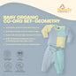 Baby organic co-ord set with text detailing features on a blue background, featuring the Butterfly Essentials.
