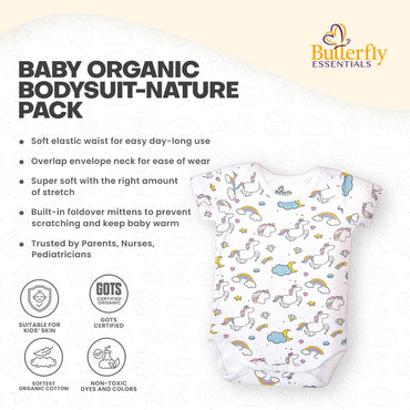 Baby organic bodysuit with unicorn pattern on a white background, featuring Butterfly Essentials.