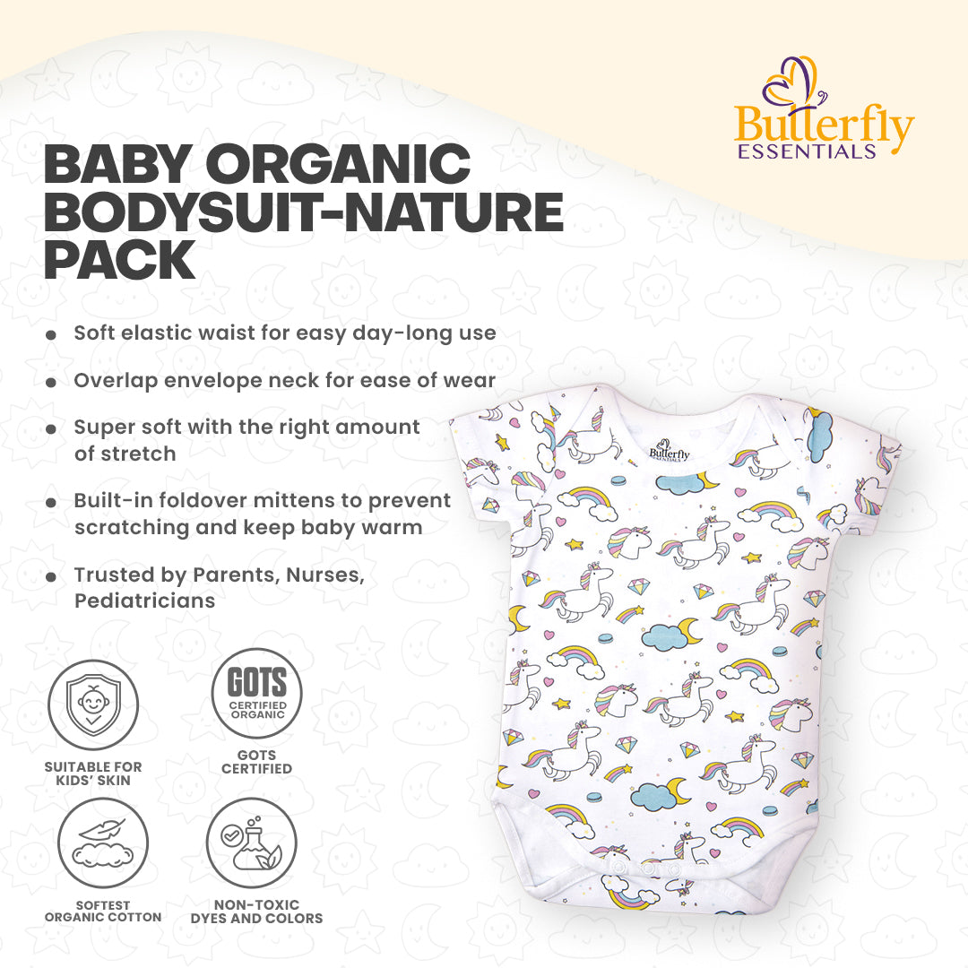 Baby organic bodysuit with unicorn pattern on a white background, featuring Butterfly Essentials.