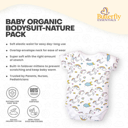 Baby organic bodysuit with unicorn pattern on a white background, featuring Butterfly Essentials.