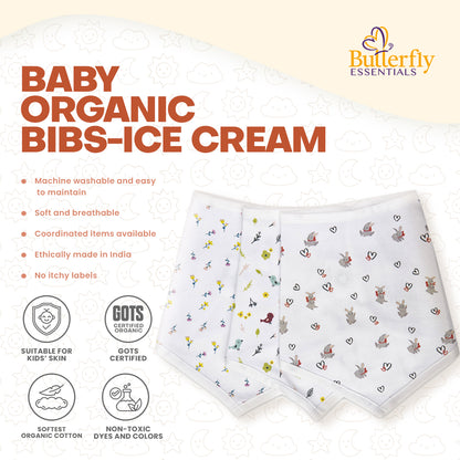 Baby organic bibs with ice cream design on a white background, featuring the Butterfly Essentials.