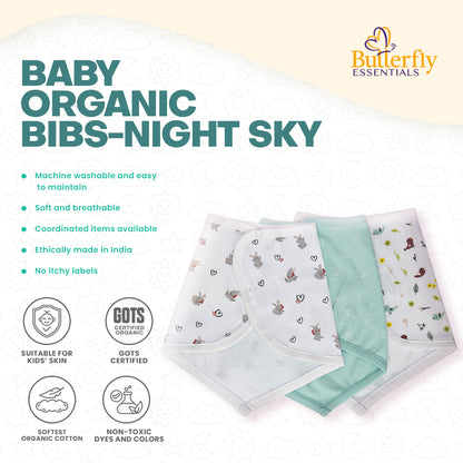 Baby organic bibs with 'Butterfly Essentials' branding on a light background