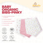 Baby organic bibs with pink and white patterns on a white background, featuring Butterfly Essentials.