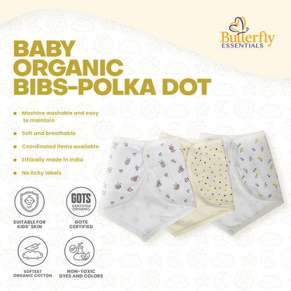 Baby organic bibs with polka dot pattern on a white background, featuring the Butterfly Essentials.