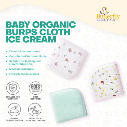 Baby organic burps cloth ice cream with product details and Butterfly Essentials branding.