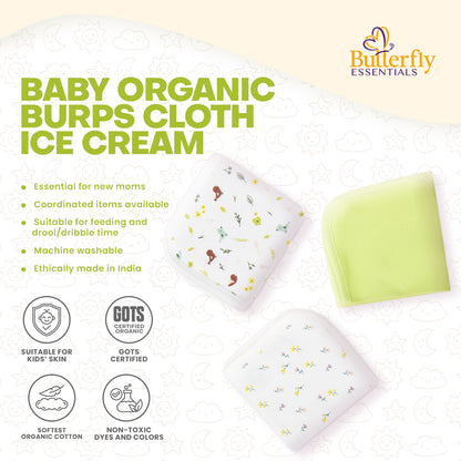 Butterfly Essentials baby organic burps cloth ice cream with product details on a light background