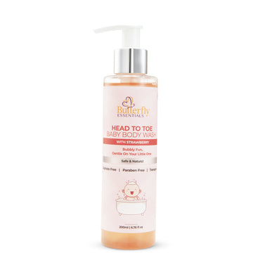 Butterfly Essentials baby body wash bottle with pump on a white background