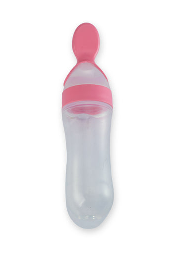 Silicone Cereal Feeder with pink lid on a white background