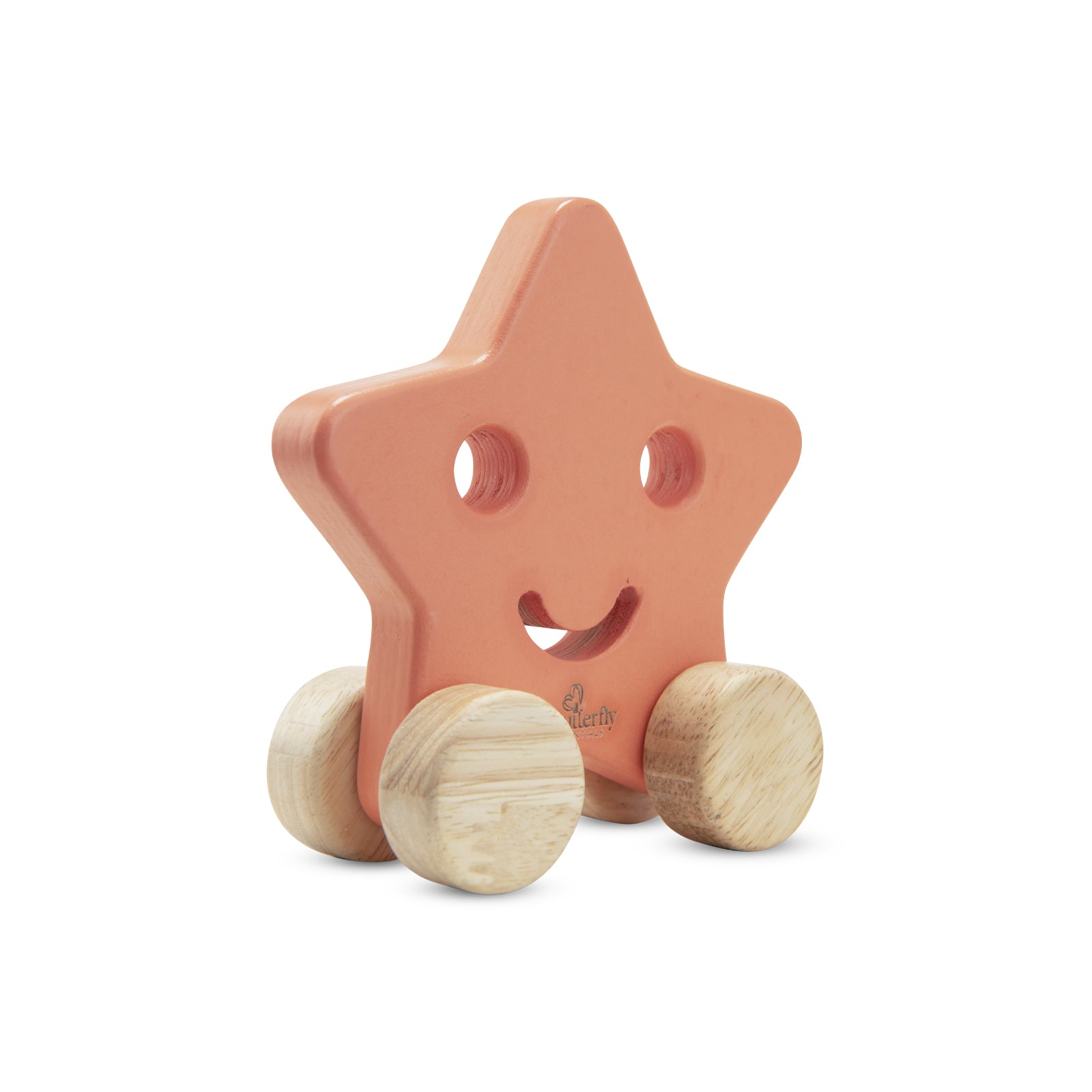 Star-shaped wooden toy with wheels on a white background