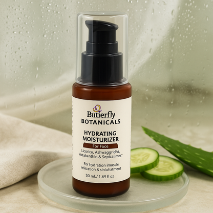 Butterfly Botanicals hydrating moisturizer bottle with aloe vera and cucumber slices on a neutral background